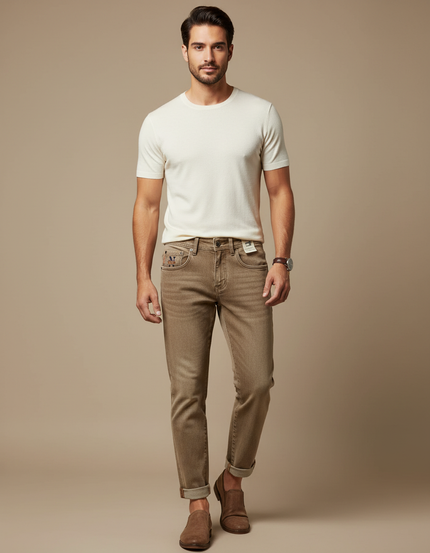 Pantalon Marron Coupe Slim Délavé Décontracté Homme - Jean