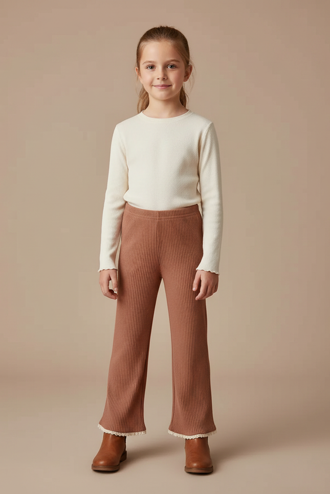 Pantalon Marron Côtelé Tricoté Enfant Élastique - Maille