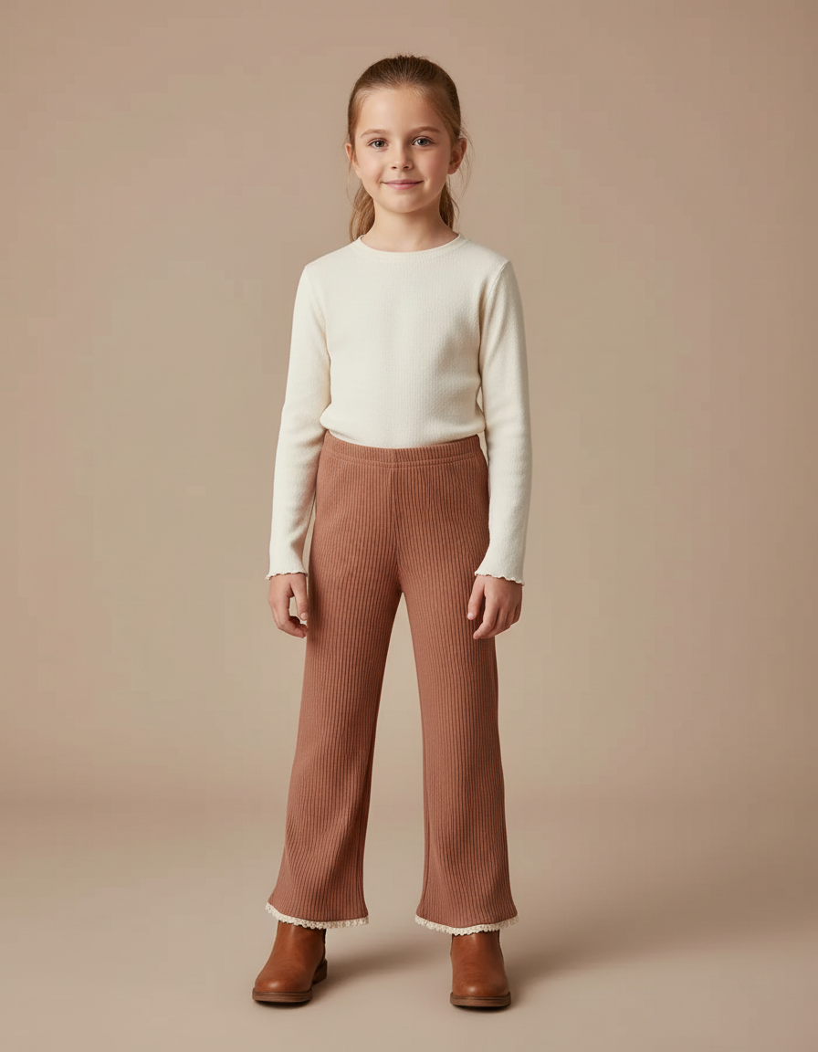 Pantalon Marron Côtelé Tricoté Enfant Élastique - Maille