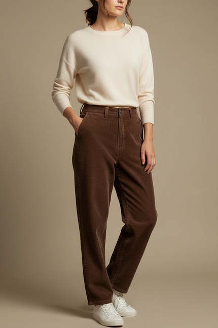 Pantalon Marron Côtelé Droit Ample Décontracté Femme - Cordé