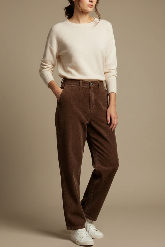 Pantalon Marron Côtelé Droit Ample Décontracté Femme - Cordé