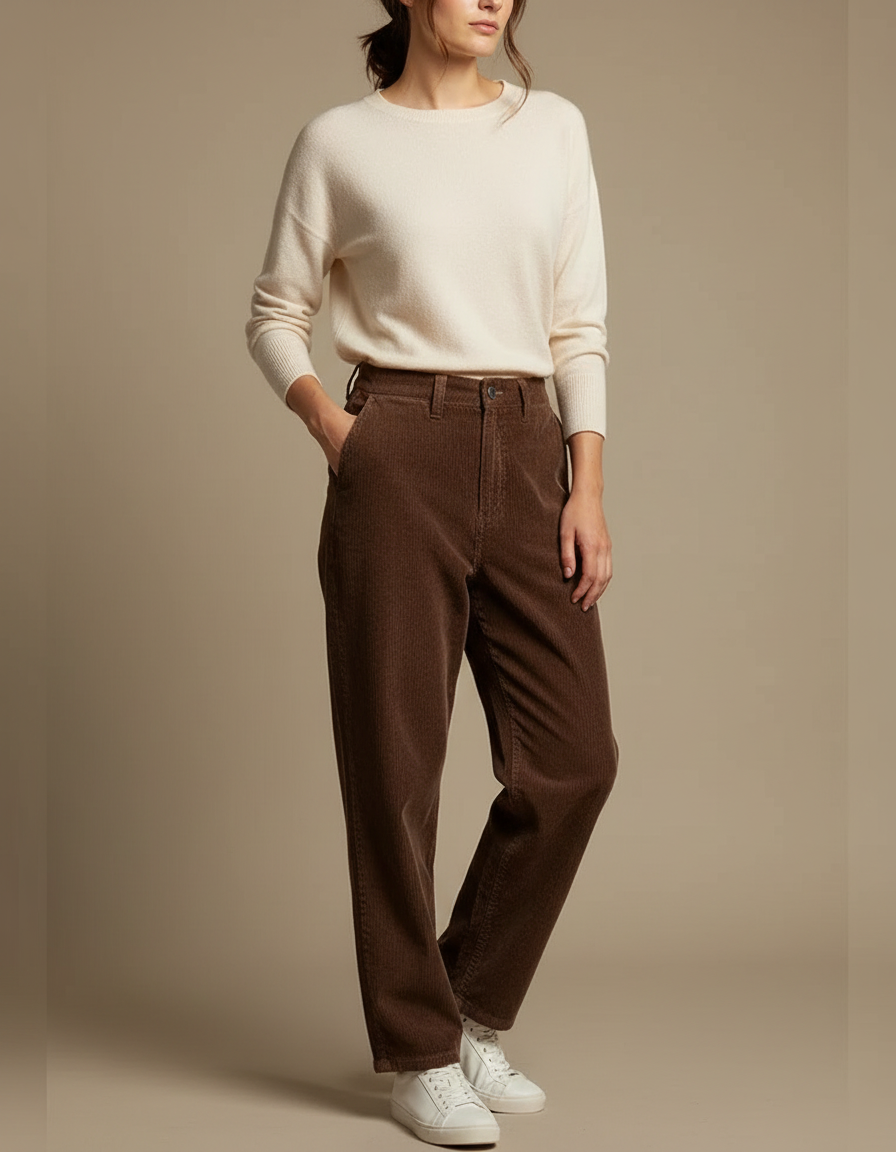 Pantalon Marron Côtelé Droit Ample Décontracté Femme - Cordé