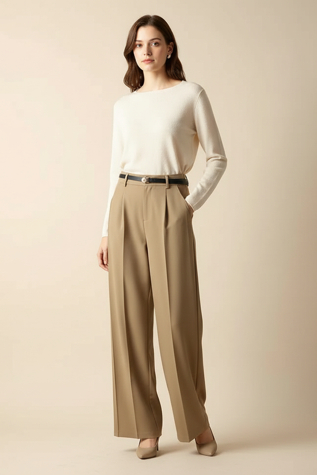 Pantalon Marron Taille Haute Ample Fluide Élégant Femme - Gabardine