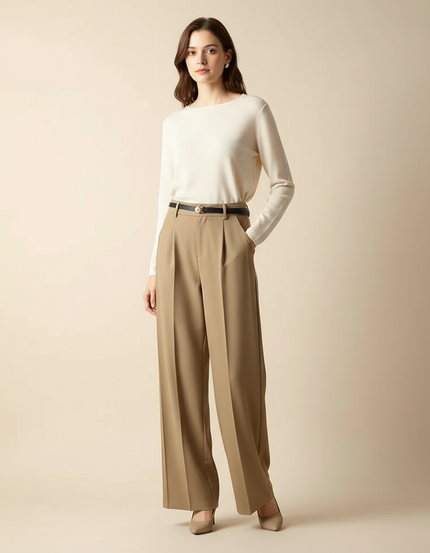 Pantalon Marron Taille Haute Ample Fluide Élégant Femme - Gabardine