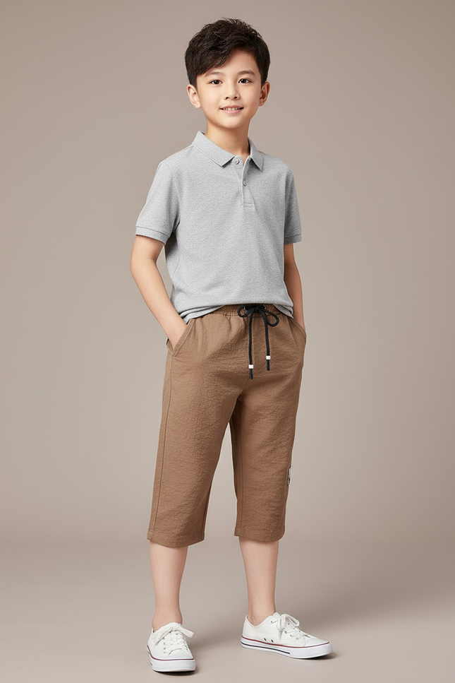 Pantalon Marron Garçon Coton Lin Gaufré Cordon