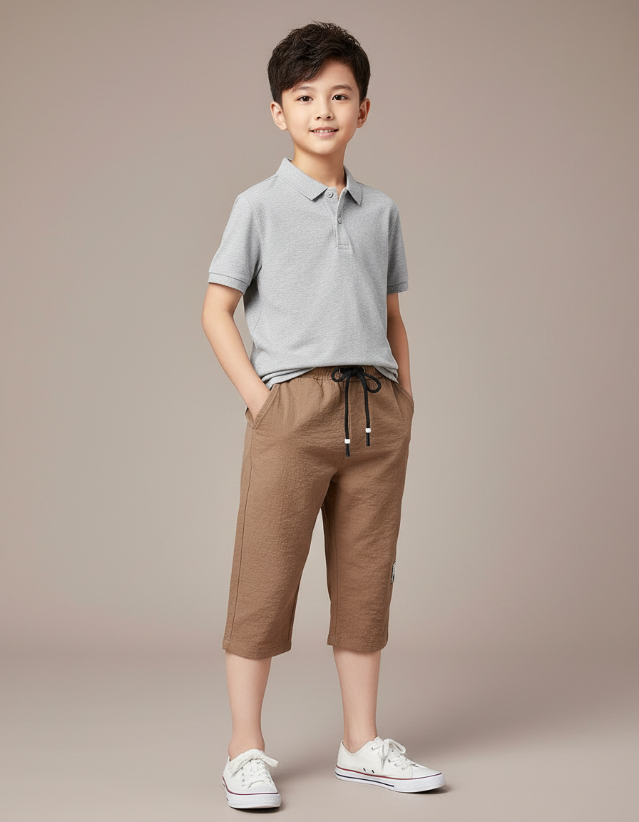 Pantalon Marron Garçon Coton Lin Gaufré Cordon