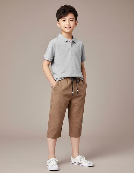 Pantalon Marron Garçon Coton Lin Gaufré Cordon