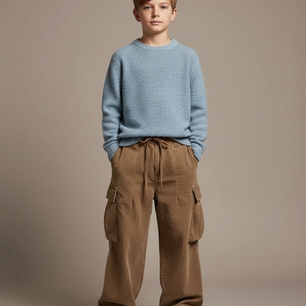 Pantalon Marron Cargo Côtelé Ample Décontracté Garçon - Cordé
