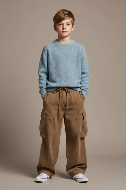 Pantalon Marron Cargo Côtelé Ample Décontracté Garçon - Cordé