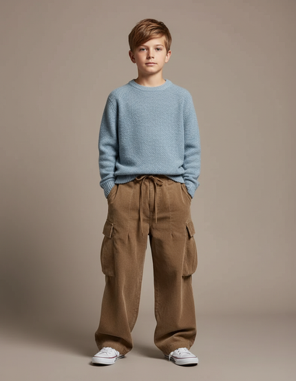 Pantalon Marron Cargo Côtelé Ample Décontracté Garçon - Cordé