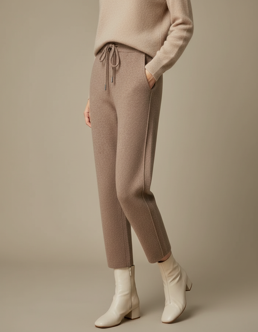 Pantalon Marron Cachemire Chaud Décontracté Cordon Femme - Laine