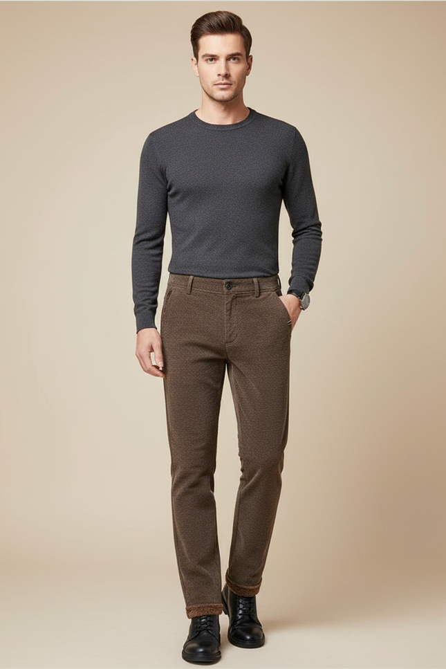 Pantalon Marron Homme Chaud Doublé Polaire Coupe Droite - Cordé