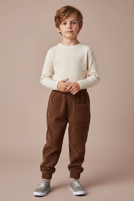 Pantalon Marron Côtelé Ample Élastique Enfant Décontracté - Cordé