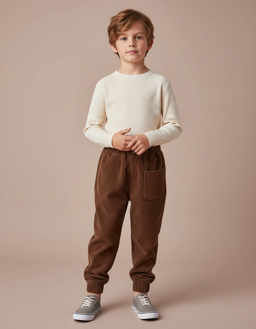 Pantalon Marron Côtelé Ample Élastique Enfant Décontracté - Cordé