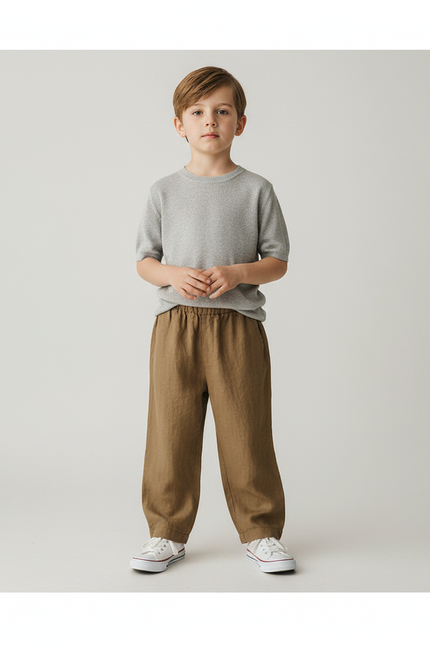 Pantalon Marron Lin Ample Taille Élastique Enfant