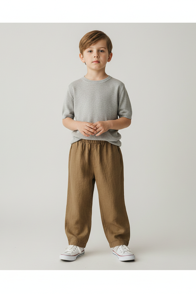 Pantalon Marron Lin Ample Taille Élastique Enfant