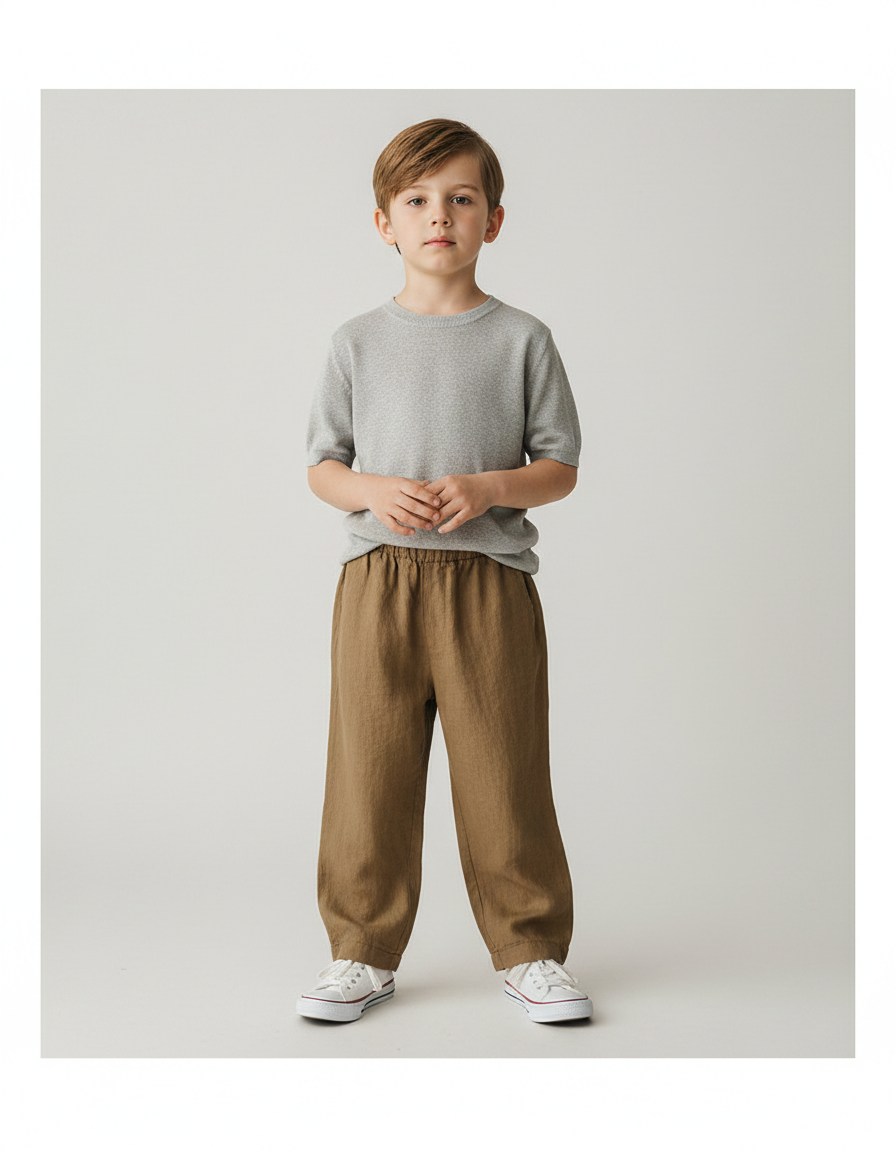 Pantalon Marron Lin Ample Taille Élastique Enfant