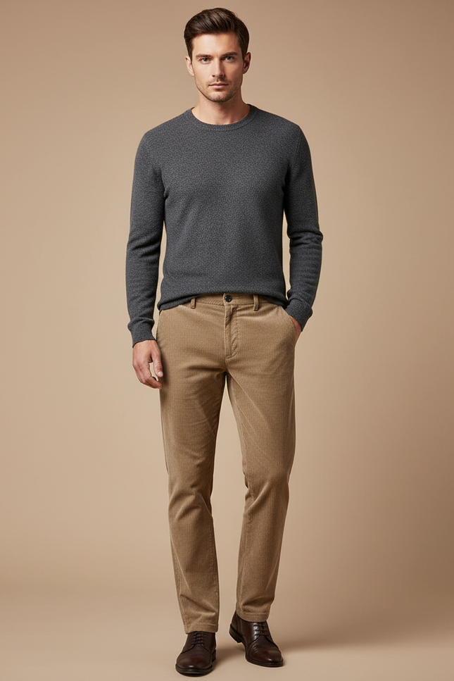 Pantalon Marron Côtelé Coupe Droite Homme Élégant - Camel Cordé