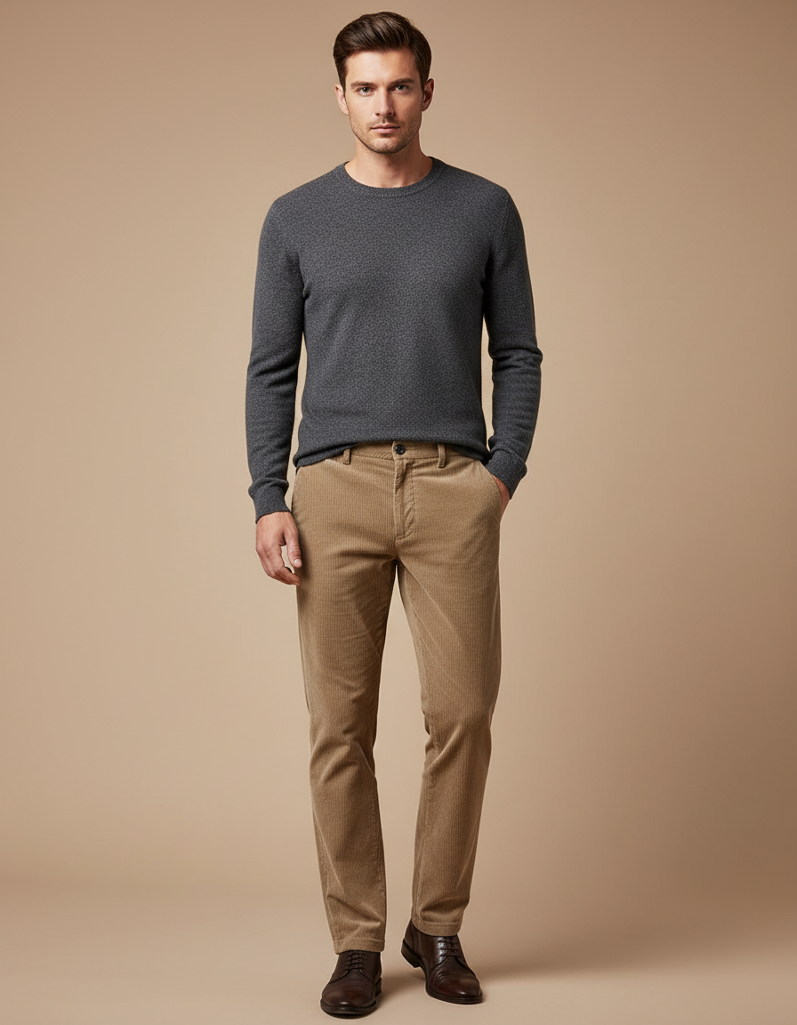 Pantalon Marron Côtelé Coupe Droite Homme Élégant - Camel Cordé