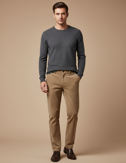 Pantalon Marron Côtelé Coupe Droite Homme Élégant - Camel Cordé