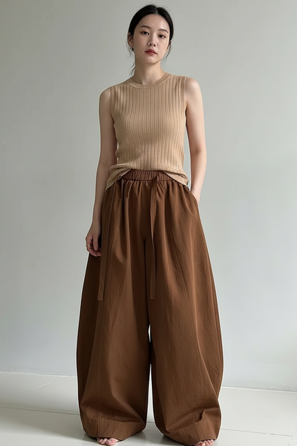 Pantalon Marron Ample Taille Haute Fluide Décontracté - Coton
