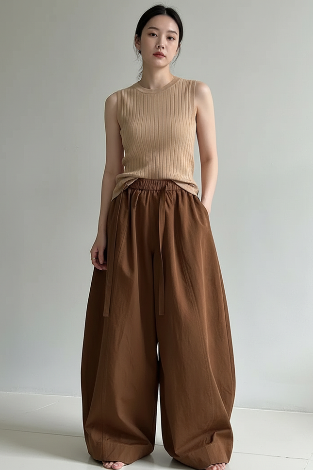 Pantalon Marron Ample Taille Haute Fluide Décontracté - Coton