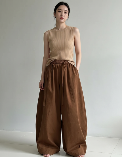 Pantalon Marron Ample Taille Haute Fluide Décontracté - Coton