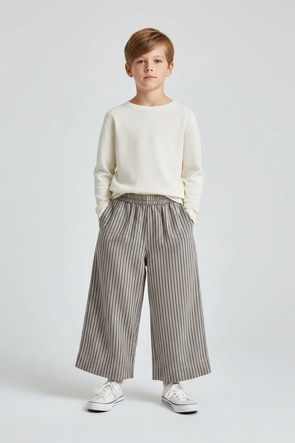Pantalon Marron Rayé Ample Décontracté Enfant - Tweed