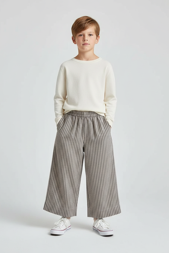 Pantalon Marron Rayé Ample Décontracté Enfant - Tweed
