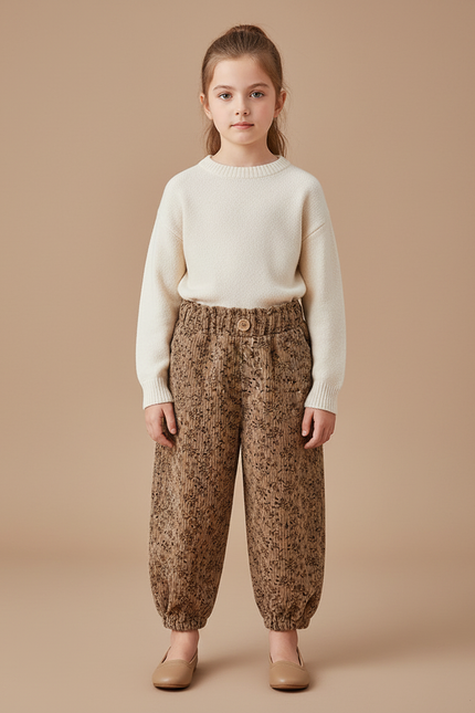 Pantalon Marron Côtelé Harem Imprimé Floral Enfant - Cordé