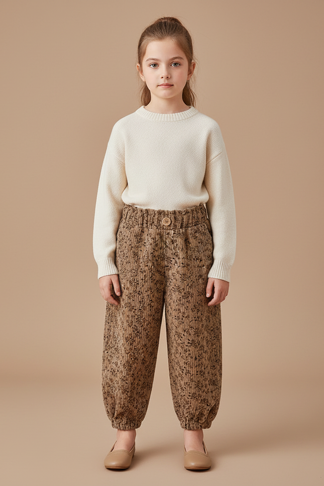 Pantalon Marron Côtelé Harem Imprimé Floral Enfant - Cordé