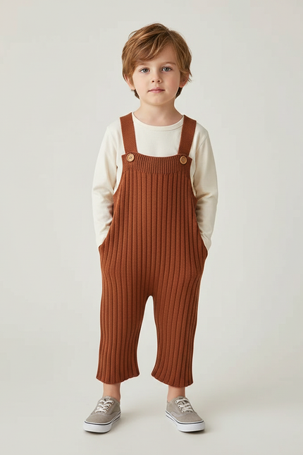 Pantalon Marron Tricoté Côtelé Confortable Salopette Enfant - Maille