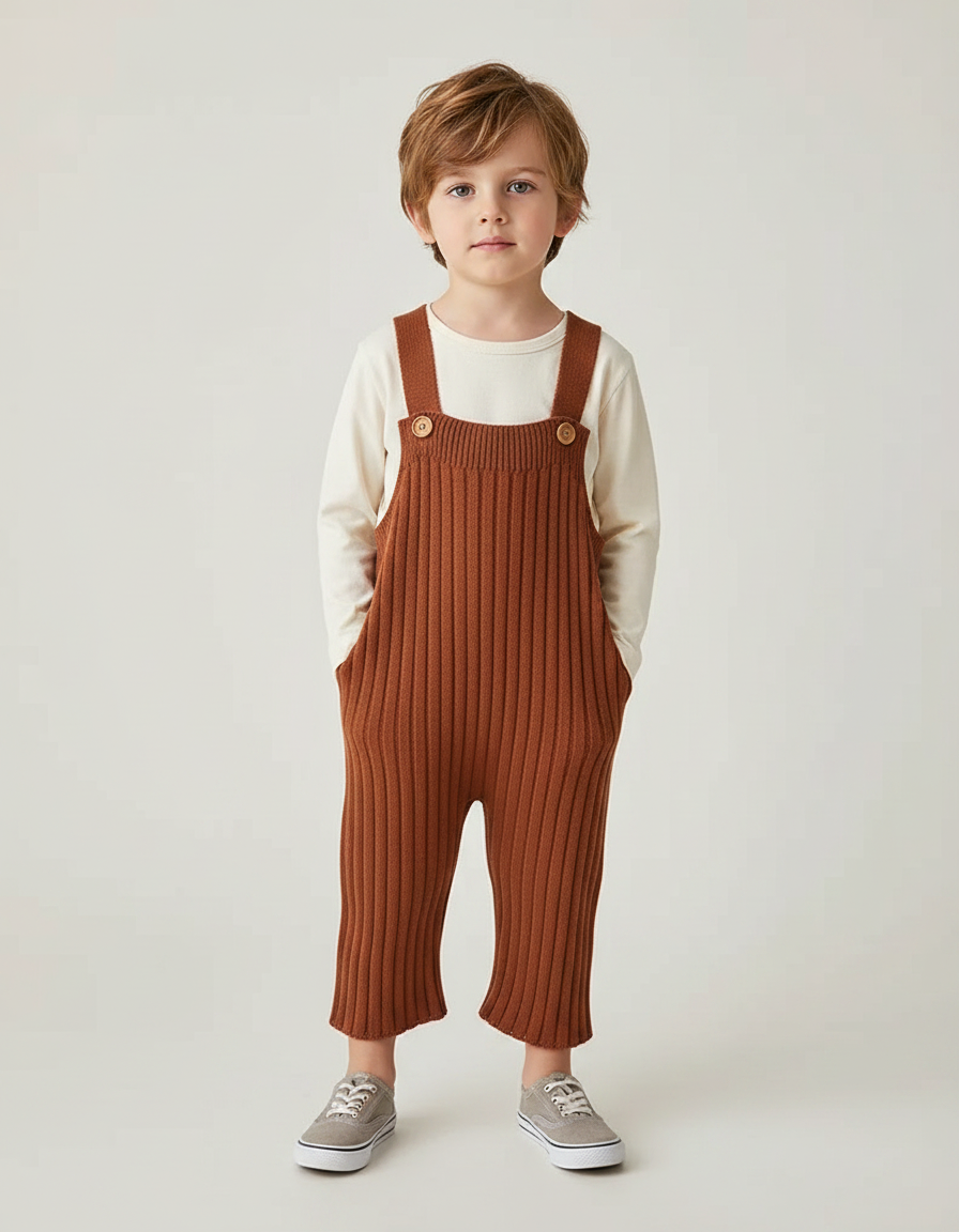 Pantalon Marron Tricoté Côtelé Confortable Salopette Enfant - Maille