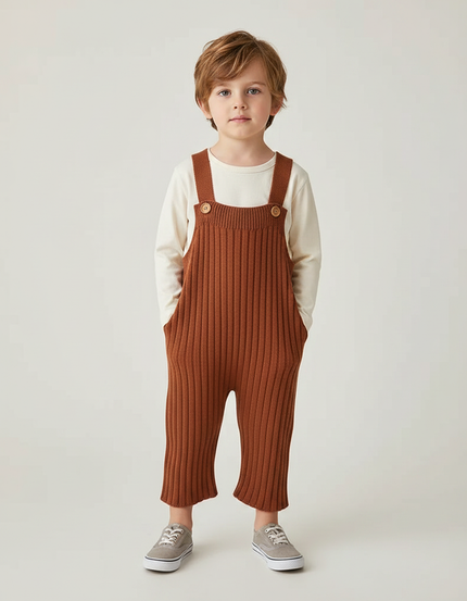 Pantalon Marron Tricoté Côtelé Confortable Salopette Enfant - Maille