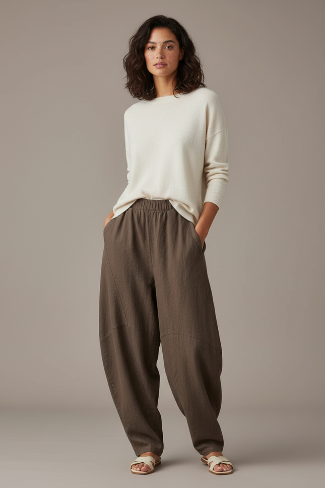Pantalon Marron Lin Ample Décontracté Confortable Femme