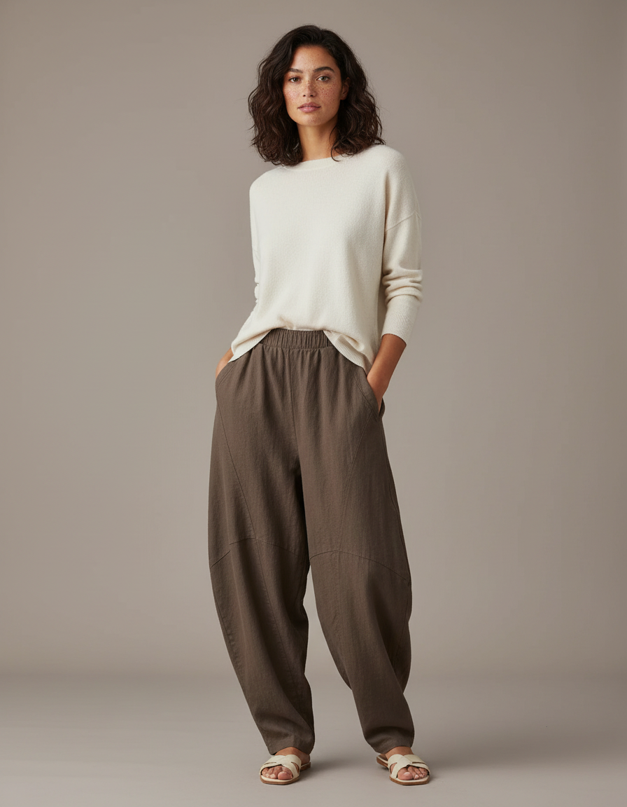 Pantalon Marron Lin Ample Décontracté Confortable Femme