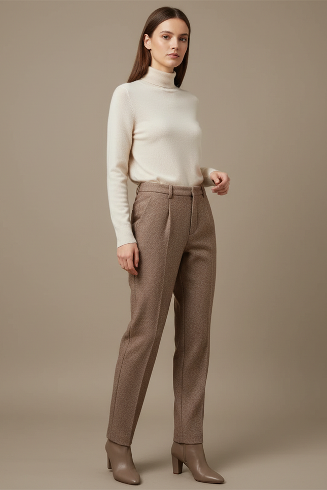 Pantalon Marron Texturé Taille Haute Élégant Décontracté - Tweed