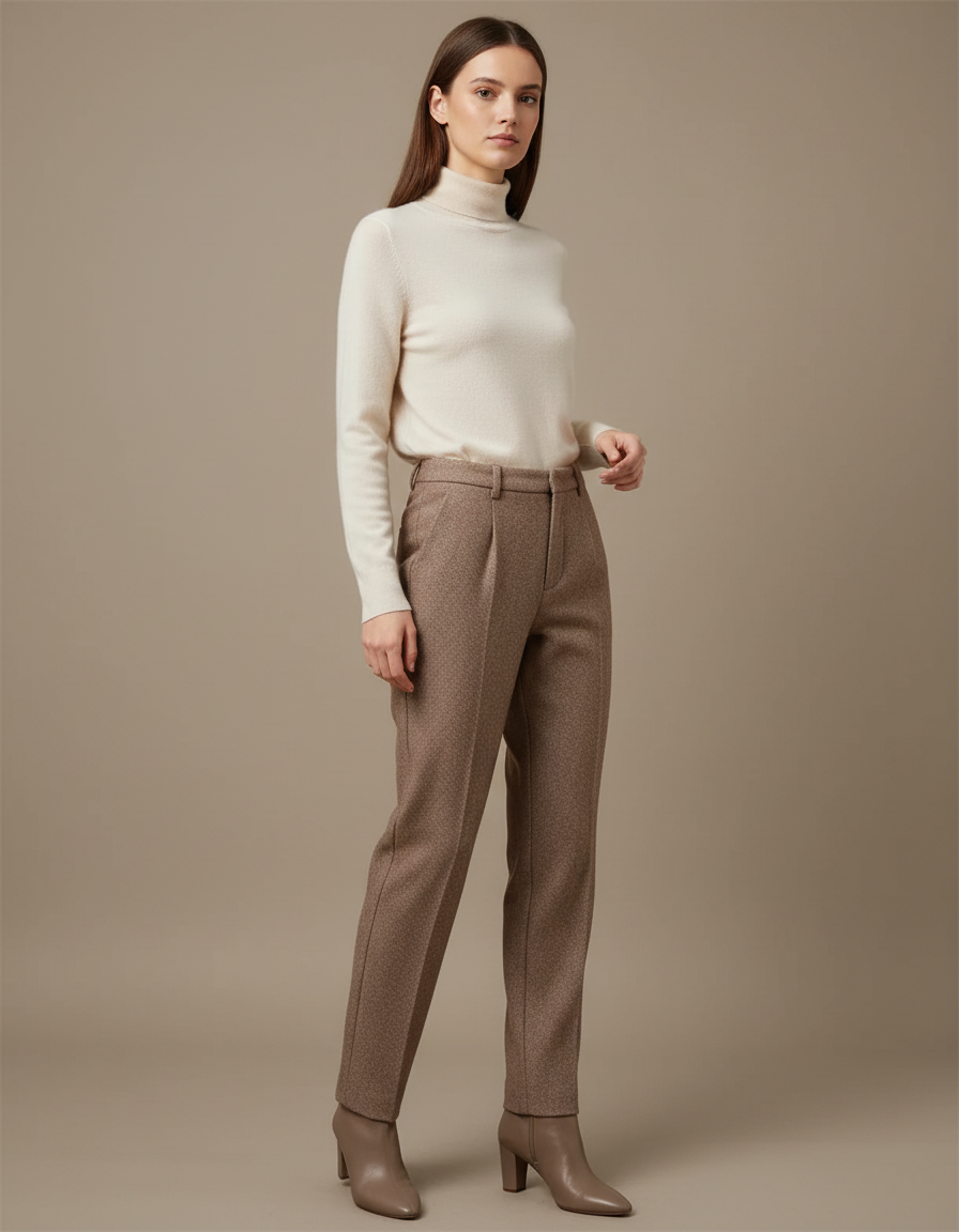 Pantalon Marron Texturé Taille Haute Élégant Décontracté - Tweed