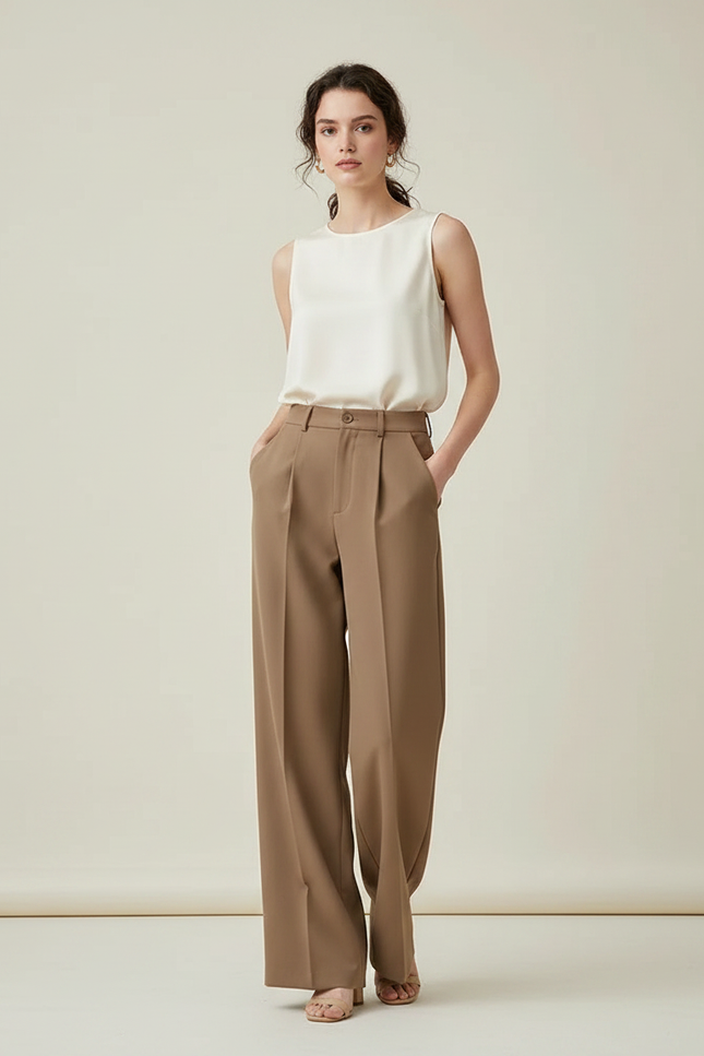 Pantalon Marron Ample Plissé Fluide Élégant Femme - Polyester