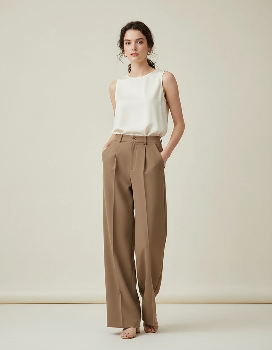 Pantalon Marron Ample Plissé Fluide Élégant Femme - Polyester