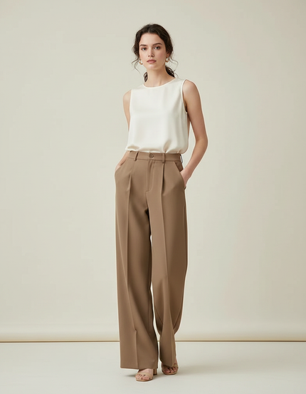 Pantalon Marron Ample Plissé Fluide Élégant Femme - Polyester
