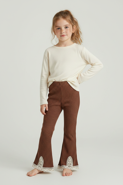 Pantalon Marron Côtelé Évasé Dentelle Enfant Confortable - Maille