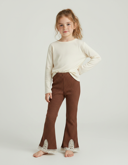 Pantalon Marron Côtelé Évasé Dentelle Enfant Confortable - Maille