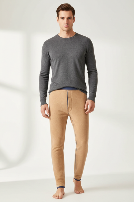 Pantalon Marron Thermique Homme Doux Hiver - Camel Maille