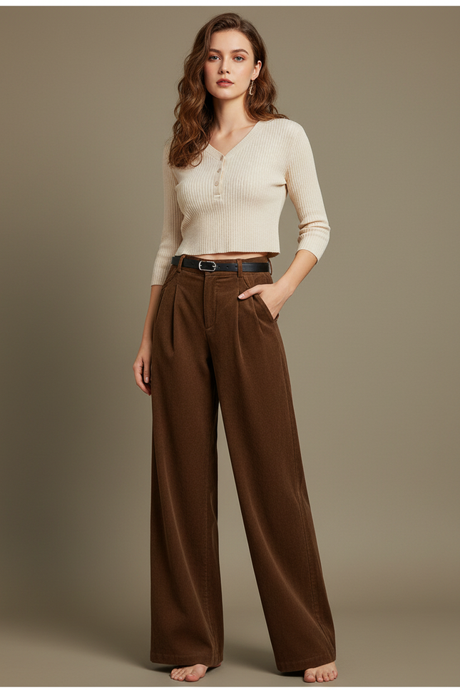Pantalon Marron Côtelé Taille Haute Ample Femme - Cordé