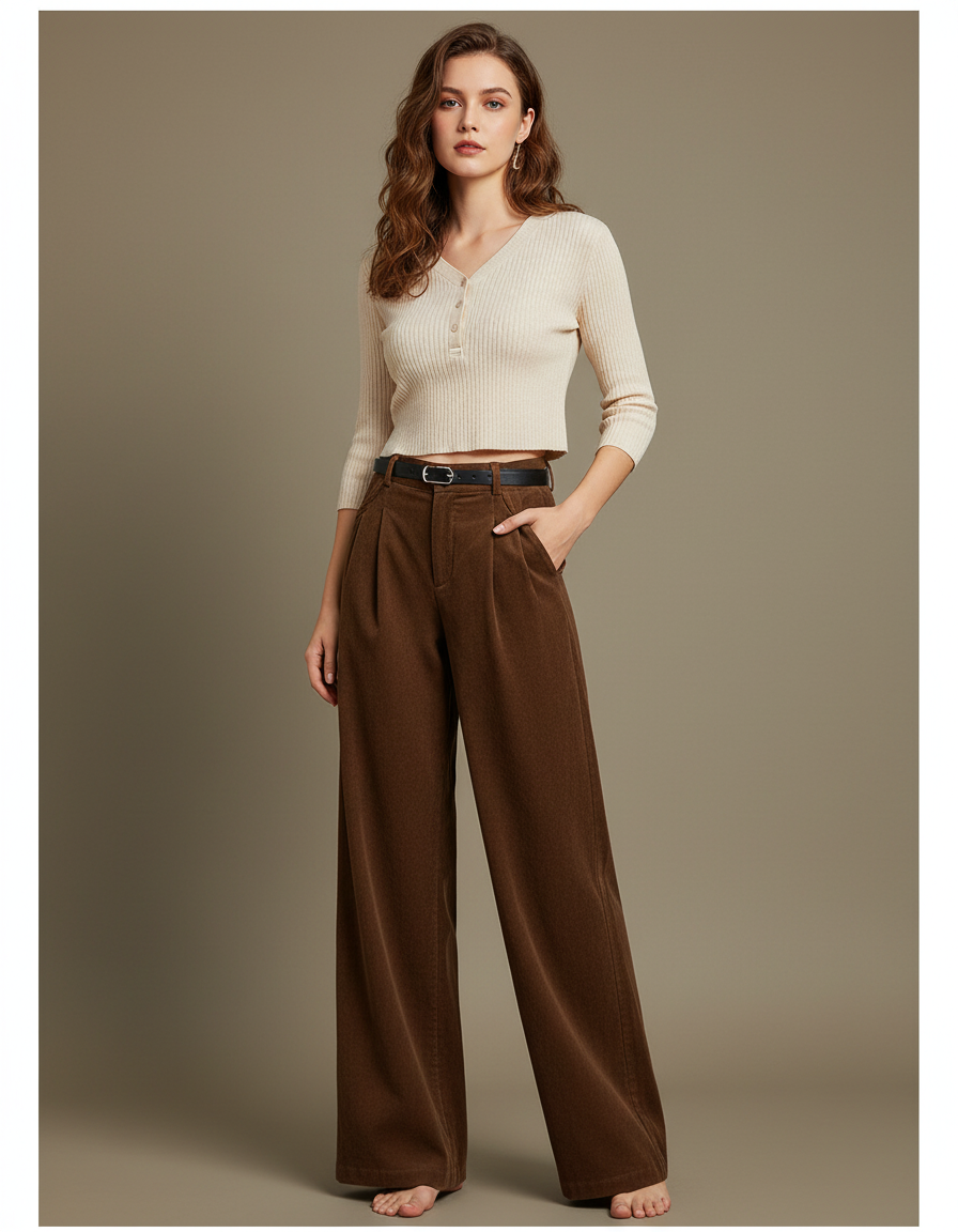 Pantalon Marron Côtelé Taille Haute Ample Femme - Cordé