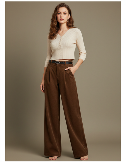 Pantalon Marron Côtelé Taille Haute Ample Femme - Cordé