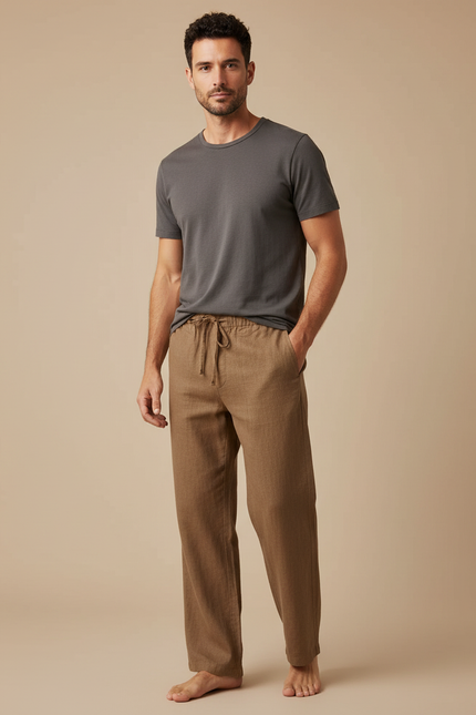 Pantalon Marron Lin Coton Ample Décontracté Homme