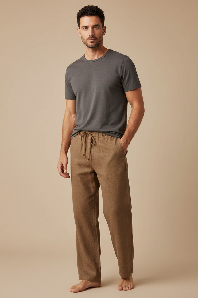 Pantalon Marron Lin Coton Ample Décontracté Homme