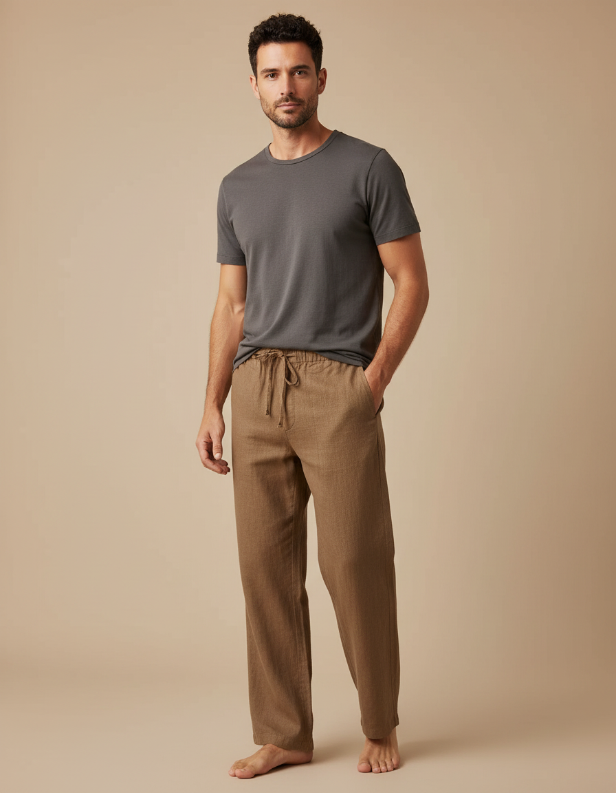 Pantalon Marron Lin Coton Ample Décontracté Homme